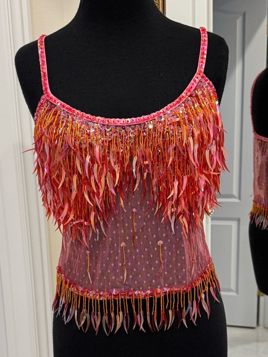 Attitudes by Debra Tops - Beaded Fringe Pink Sequin stretch mesh Attitudes by Debra Cami Top